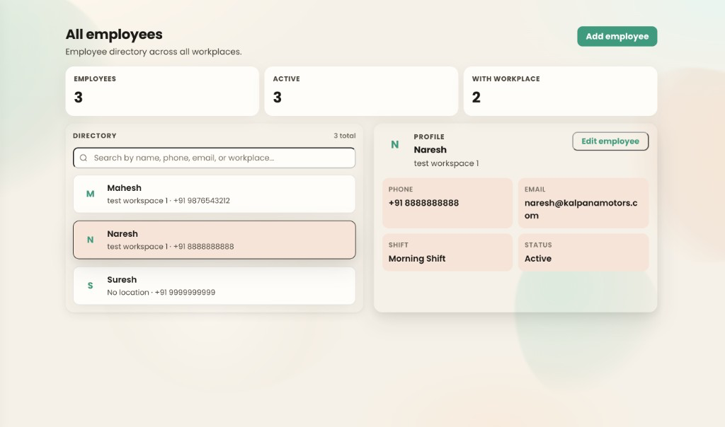 Haazri All employees directory across workplaces with profile and shift