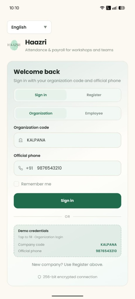 Haazri sign-in screen — try now with organization login and demo credentials