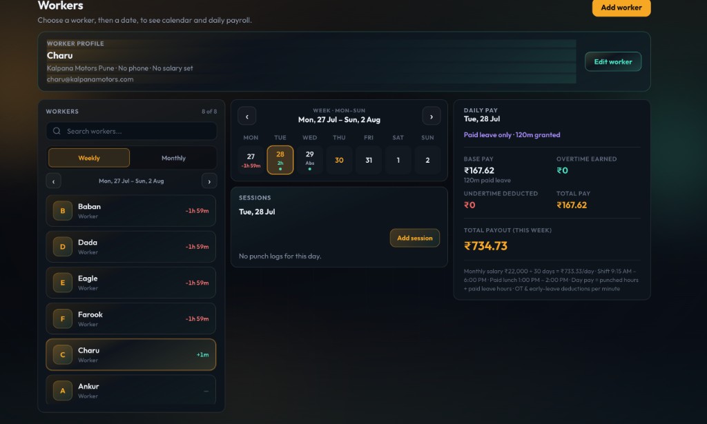 Haazri calendar showing paid leave and weekly payout