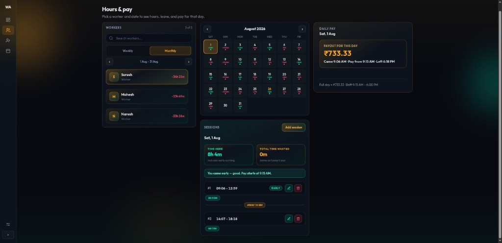 Haazri monthly calendar with sessions and daily payout