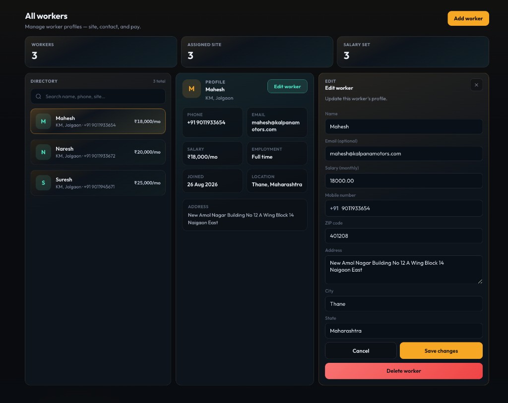 Haazri All workers directory, profile, and edit panel